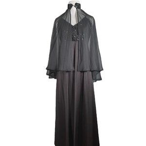 Vintage Black Sequin Chiffon Formal Dress Matching Cape 2 PCS SET